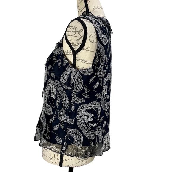 Vintage 90s Black White Paisley Print Ruffle Trim Silk Layered Tank Top Size PL - Picture 3 of 9